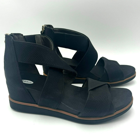 DR SCHOLLS | Women's 7.5 Black Snake 1" Platform Golden Hour Wedge Heeled Sandal - Picture 1 of 8